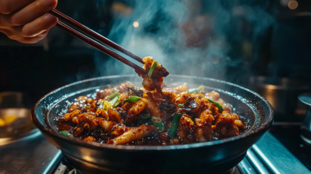 A close-up of a hand using chopsticks to stir-fry a flavorful dish in a hot pot, surrounded by steam and vibrant ingredients, showcasing culinary creativity.の素材
