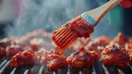 Close-up of juicy chicken wings being brushed with spicy barbecue sauce on a hot grill. Perfect for summer gatherings and outdoor cooking.の素材