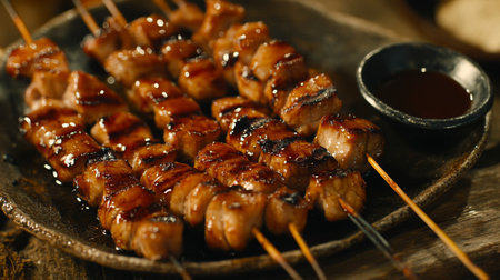 A close-up view of grilled meat skewers glazed with BBQ sauce, served on a rustic plate, perfect for showcasing delicious food presentations.の素材
