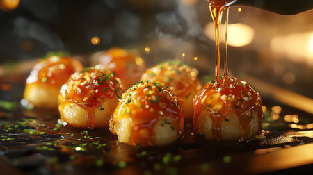 Savory glazed dumplings topped with sesame seeds on a wooden plate. The dish is steaming and looks delicious, perfect for any culinary context.の素材