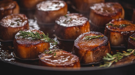 A close-up view of seared meat slices garnished with fresh herbs. This appetizing dish showcases perfect cooking techniques and flavor.の素材