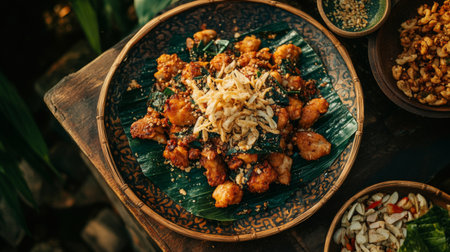 A beautifully arranged plate of Asian cuisine garnished with herbs, on a rustic wooden table. Perfect for showcasing vibrant flavors and colors.の素材