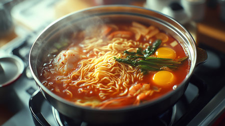 A steaming hot pot featuring fresh noodles, eggs, and vibrant vegetables. Perfect for showcasing the essence of comfort and culinary tradition.の素材