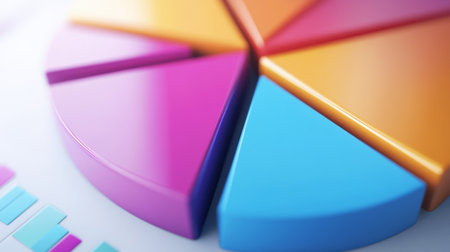 A vibrant pie chart showcasing segments in bright colors, ideal for data visualization needs in marketing, finance, or research presentations.の素材
