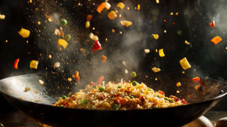 A dynamic scene showcasing vibrant fried rice being tossed in a wok. Colorful vegetables create an appealing, fresh dish with enticing aromas and textures.の素材