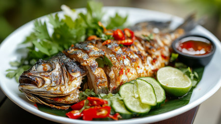 A beautifully plated grilled fish garnished with lime, chili, and fresh herbs. This vibrant dish is perfect for a tropical dining experience, showcasing bold flavors.の素材