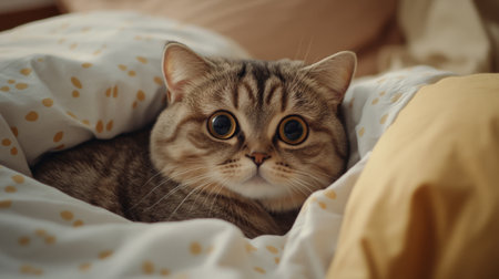A cute cat with large eyes nestled in cozy bedding, showcasing its adorable expression. This image captures the warmth and comfort of a pet at home.の素材