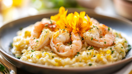 A beautifully presented plate of shrimp risotto topped with bright edible flowers, perfect for showcasing gourmet cuisine and elegant dining experiences.の素材