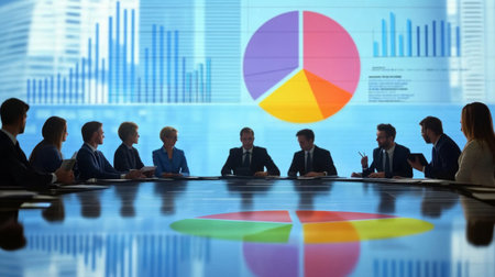 A professional business meeting featuring a diverse group of individuals discussing data analysis. The background includes colorful charts and graphs for effective visualization.の素材