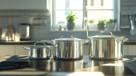 Bright kitchen space featuring shiny stainless steel cookware displayed on a countertop. Natural light enhances modern design, adding warmth and freshness.の素材