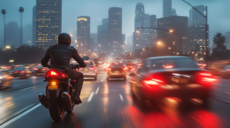 A motorcyclist navigates through a bustling city in the rain at dusk, with shimmering lights reflecting off the wet asphalt. A scene of urban adventure.の素材