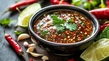 A vibrant bowl of spicy chili sauce is surrounded by fresh ingredients like garlic, lime, and herbs, perfect for adding flavor to any dish.の素材