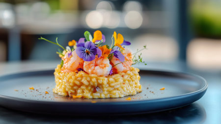 A stunning plate of gourmet shrimp risotto topped with vibrant edible flowers, showcasing a beautiful blend of colors and textures for an exquisite dining experience.の素材
