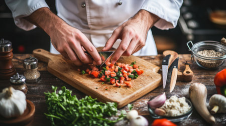 A chef skillfully prepares fresh vegetables on a wooden cutting board, showcasing vibrant colors and textures in a cozy kitchen setting. Perfect for culinary and cooking themes.の素材