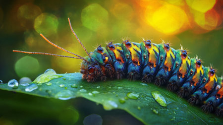 A stunning close-up image of a vibrant caterpillar resting on a green leaf adorned with droplets. This colorful insect showcases the beauty of nature.の素材