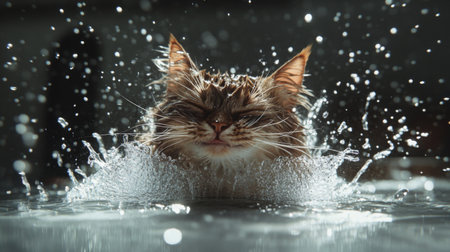 This captivating image captures a playful cat splashing in water, showcasing its joyful expression and dynamic movement. A perfect depiction of fun and innocence.の素材