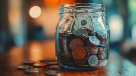 A close-up image of a glass jar filled with coins and cash, sitting on a wooden table. This visual represents personal finance, saving strategies, and budgeting ideas. Perfect for finance-related content.の素材