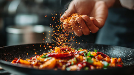 A close-up of a hand adding spices to a vibrant stir-fry dish in a kitchen, showcasing the culinary art of seasoning for enhanced flavor.の素材