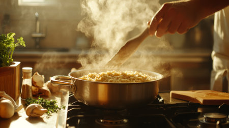 A hand stirs boiling pasta in a bright kitchen, surrounded by fresh ingredients. The steam rises, creating a warm and inviting cooking atmosphere.の素材