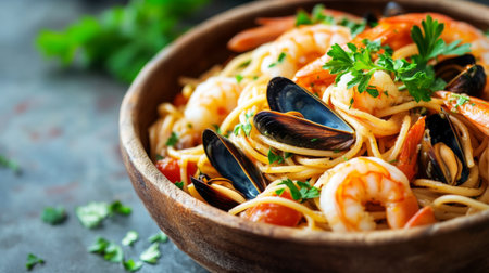 Experience the vibrant colors and fresh flavors of this seafood pasta dish, featuring shrimp and mussels, beautifully presented in a wooden bowl. Perfect for culinary enthusiasts.の素材