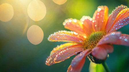 A beautifully captured close-up of a dew-kissed flower against a soft bokeh background. The vibrant colors and delicate details evoke feelings of freshness and serenity.の素材