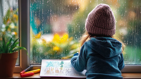 A child sits by a rainy window, sketching colorful drawings. The cozy atmosphere reflects childhood innocence and imaginative play as raindrops fall softly.の素材
