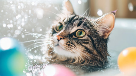 A close-up of a curious cat enjoying a playful moment surrounded by colorful water balls, capturing the essence of joy and exploration in a serene setting.の素材