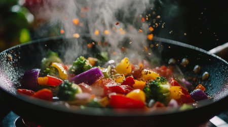 A lively scene of assorted vegetables sizzling in a frying pan, capturing the essence of healthy cooking with vibrant colors and steam. Perfect for culinary inspiration.の素材