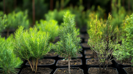 Vibrant green plants growing in nursery pots, showcasing various seedlings ready for gardening. Ideal for horticulture themes and nature projects.の素材