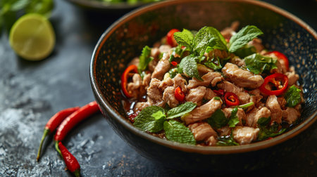 A vibrant bowl of pork dish garnished with fresh mint and red chili, showcasing a delightful mix of flavors, perfect for a savory meal.の素材
