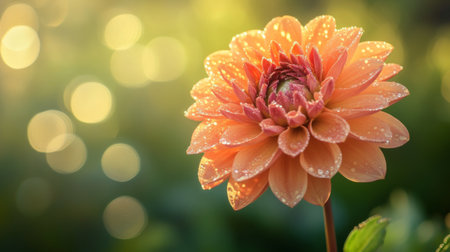 A stunning close-up of a delicate flower covered in dew, illuminated by soft natural light. The vibrant orange petals contrast beautifully with a serene green background.の素材