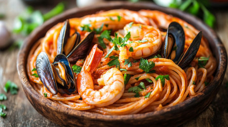 A vibrant seafood pasta dish featuring shrimp and mussels, beautifully arranged in a rustic wooden bowl. Perfect for showcasing culinary delights.の素材