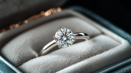 Close-up of a stunning diamond ring set in an elegant velvet jewelry box, showcasing its beauty and brilliance, perfect for engagement and special moments.の素材