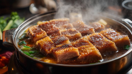 A vibrant gourmet dish featuring crispy pork belly sizzling in broth, surrounded by fresh herbs and vegetables, creating an inviting culinary experience.の素材