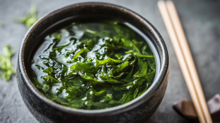 A vibrant bowl of fresh leafy greens in warm broth, showcasing healthy meal options. Perfect for a nutritious vegetarian dish or comfort food.の素材