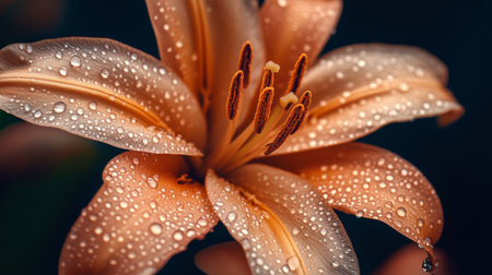 This close-up image features a beautiful orange flower adorned with raindrops, showcasing its delicate petals and vibrant colors in a serene setting.の素材