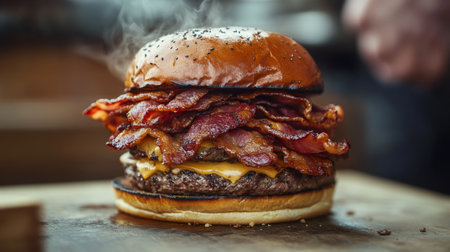 A mouth-watering burger stacked high with crispy bacon and melted cheddar cheese, served on a toasted bun. Perfect for food lovers and chefs.の素材