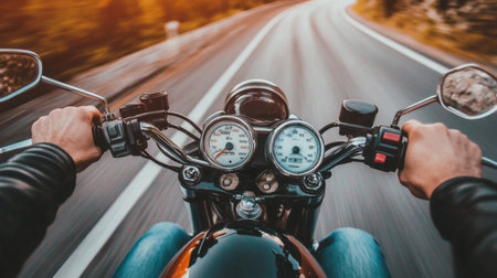 Experience the exhilaration of riding a motorcycle on a winding road, with hands gripping the handlebars and nature flowing by in a blur.の素材