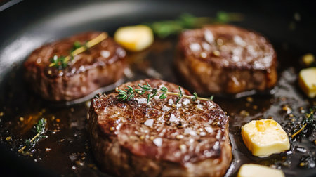 Tender steaks sear in a pan with butter and fresh herbs, creating a mouthwatering aroma. Perfect for a sumptuous dinner or gourmet meal preparation.の素材
