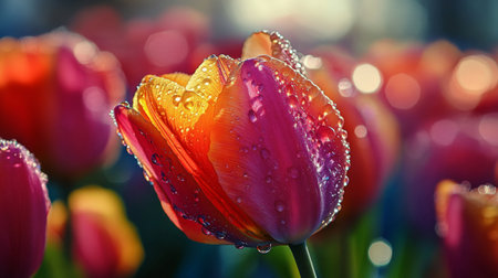A stunning close-up of a vibrant tulip adorned with dew drops, set against a soft focus background. Perfect for nature lovers and floral enthusiasts.の素材