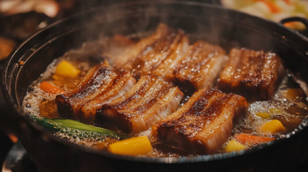 A mouth-watering hot pot featuring succulent pork belly pieces simmering with colorful fresh vegetables, creating a delicious and hearty meal.の素材