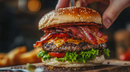 A mouthwatering gourmet burger featuring layers of crispy bacon, fresh lettuce, and tomato on a sesame seed bun. Perfect for food lovers!の素材