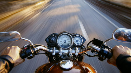 A captivating view of motorcycle handlebars and dashboard while riding on a scenic open road, showcasing the thrill and freedom of adventure.の素材