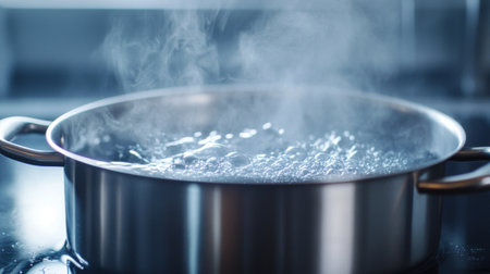 Close-up image of water boiling in a metallic pot, creating steam and bubbles on a stovetop, showcasing the cooking process in a serene kitchen environment.の素材