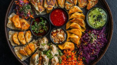A vibrant platter featuring an array of dumplings with various colors and dipping sauces. Perfect for parties, celebrations, or culinary events.の素材