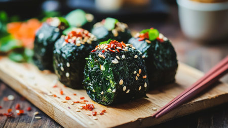Colorful seaweed rolls topped with spices on a wooden board, perfect for healthy eating. Ideal for culinary and food photography with vibrant colors.の素材