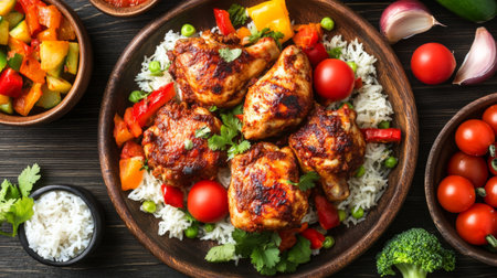 Enjoy a vibrant plate of grilled chicken served over rice with an array of fresh vegetables, perfect for a healthy lunch or dinner option.の素材