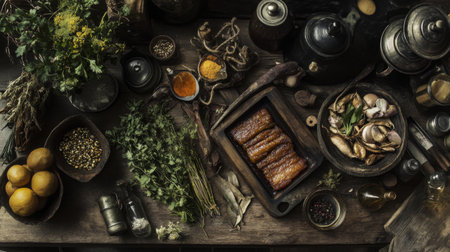 Captivating arrangement of fresh herbs, spices, and a delicious cooked dish showcasing the essence of rustic cooking and natural ingredients.の素材