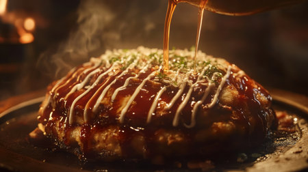 A savory Japanese pancake is being drizzled with a rich sauce, highlighting the steam and texture. Perfect for showcasing delicious culinary experiences.の素材