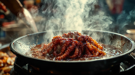 A vibrant octopus dish sizzling in a spicy sauce with steam rising, showcasing the art of Asian cooking in a bustling market setting.の素材